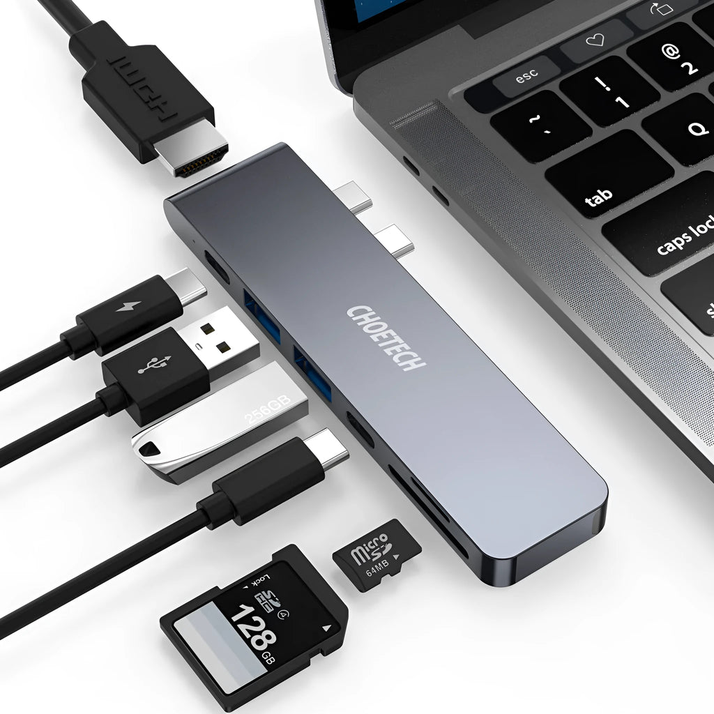 Slim aluminium USB-C hub adapter with SD card slot, HDMI, USB 3.0, and USB-C ports