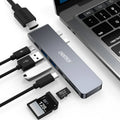 Slim aluminium USB-C hub adapter with SD card slot, HDMI, USB 3.0, and USB-C ports