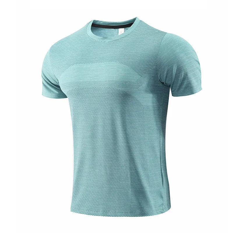 Men's short sleeve running t-shirt in polyester spandex fabric, shown in red colour.