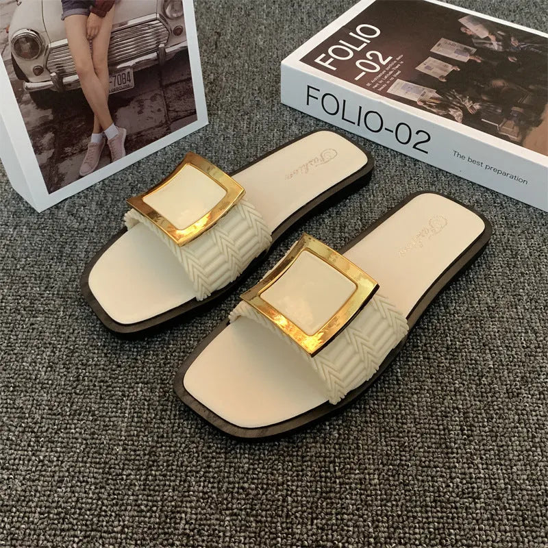 Women's apricot, black, and khaki coloured casual flat summer slippers with a waterproof PVC non-slip sole