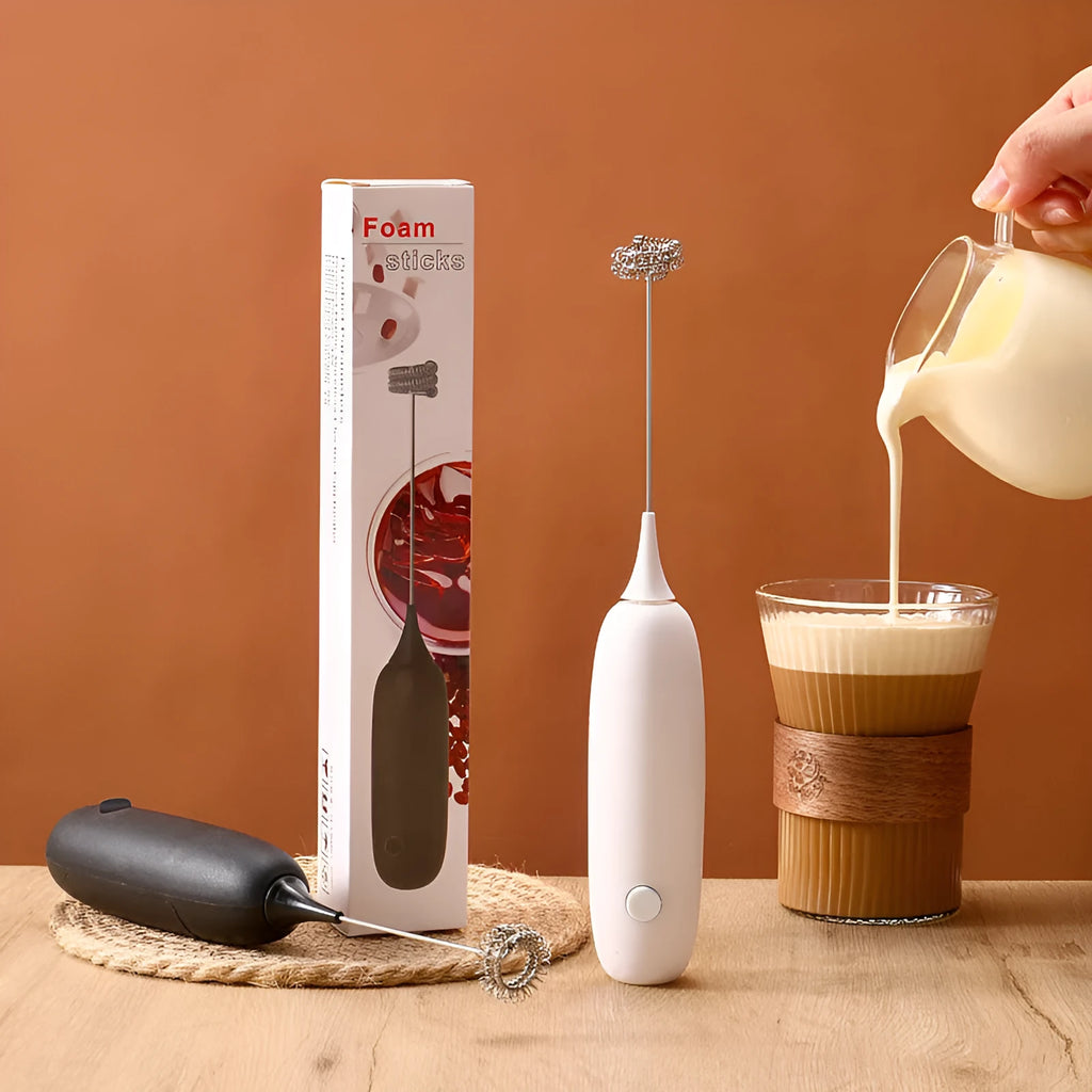 Black and white handheld electric milk frother blender with modern design