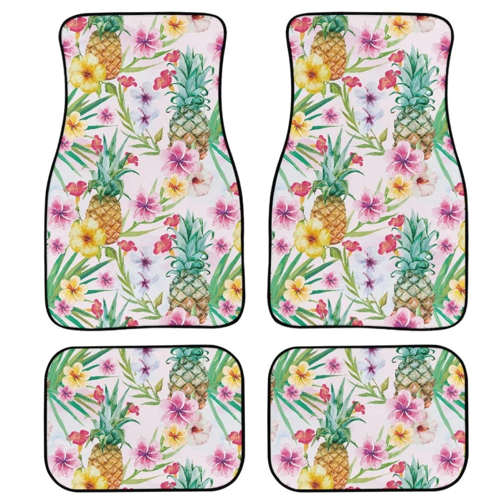 Black printed rubber car floor mat set showing four pieces with textured surface.