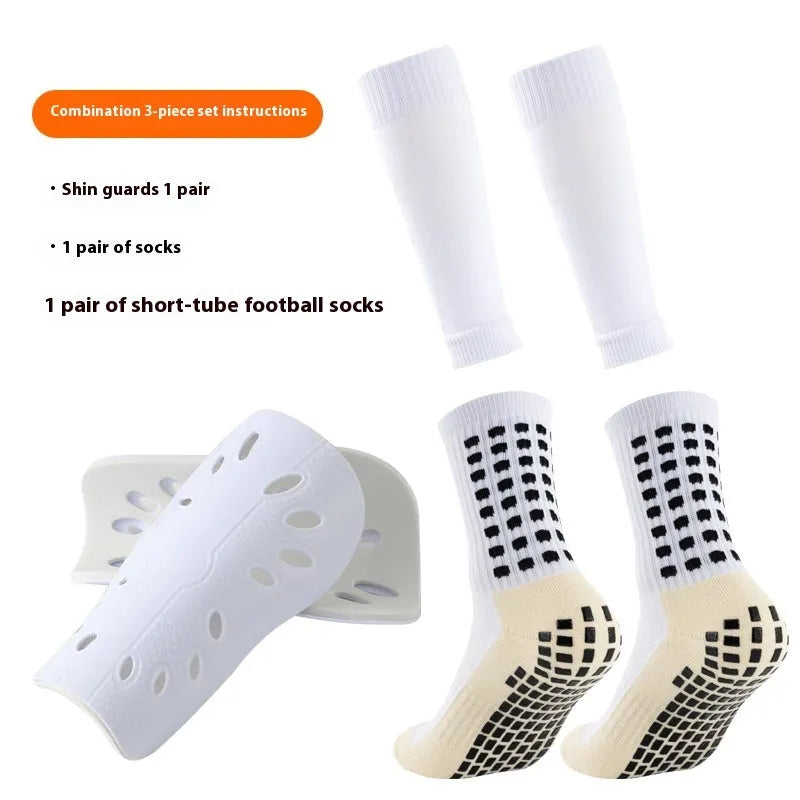 Thick below-the-knee long soccer shin guard set with non-slip socks and glue dispensing in multiple colours