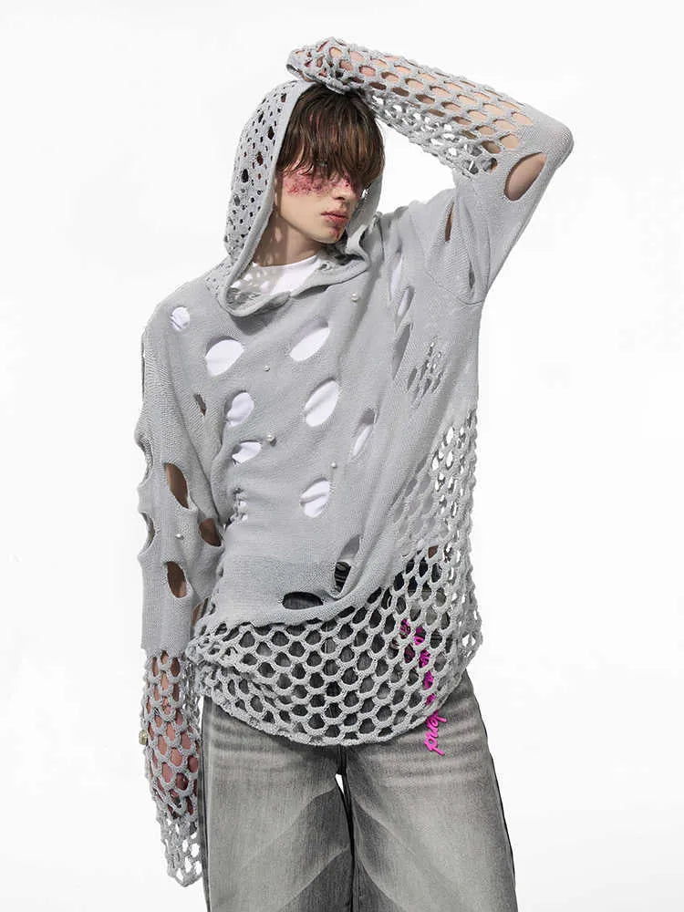 Men's black hollow knit hoodie with pearl decorative elements on hood in loose fit pullover styling