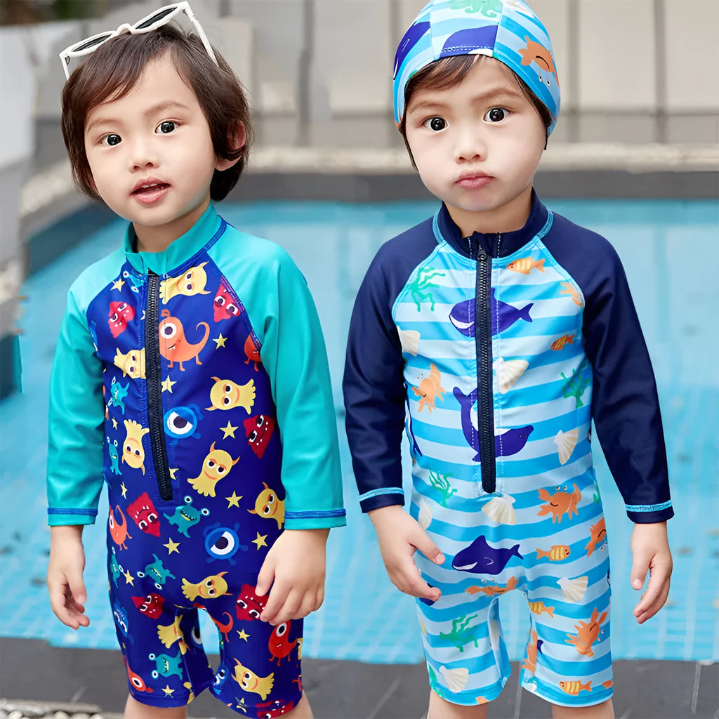 Children's one-piece swimsuit in striped shark pattern, available in sizes 2-10 yards, made from polyester-oxygen blend