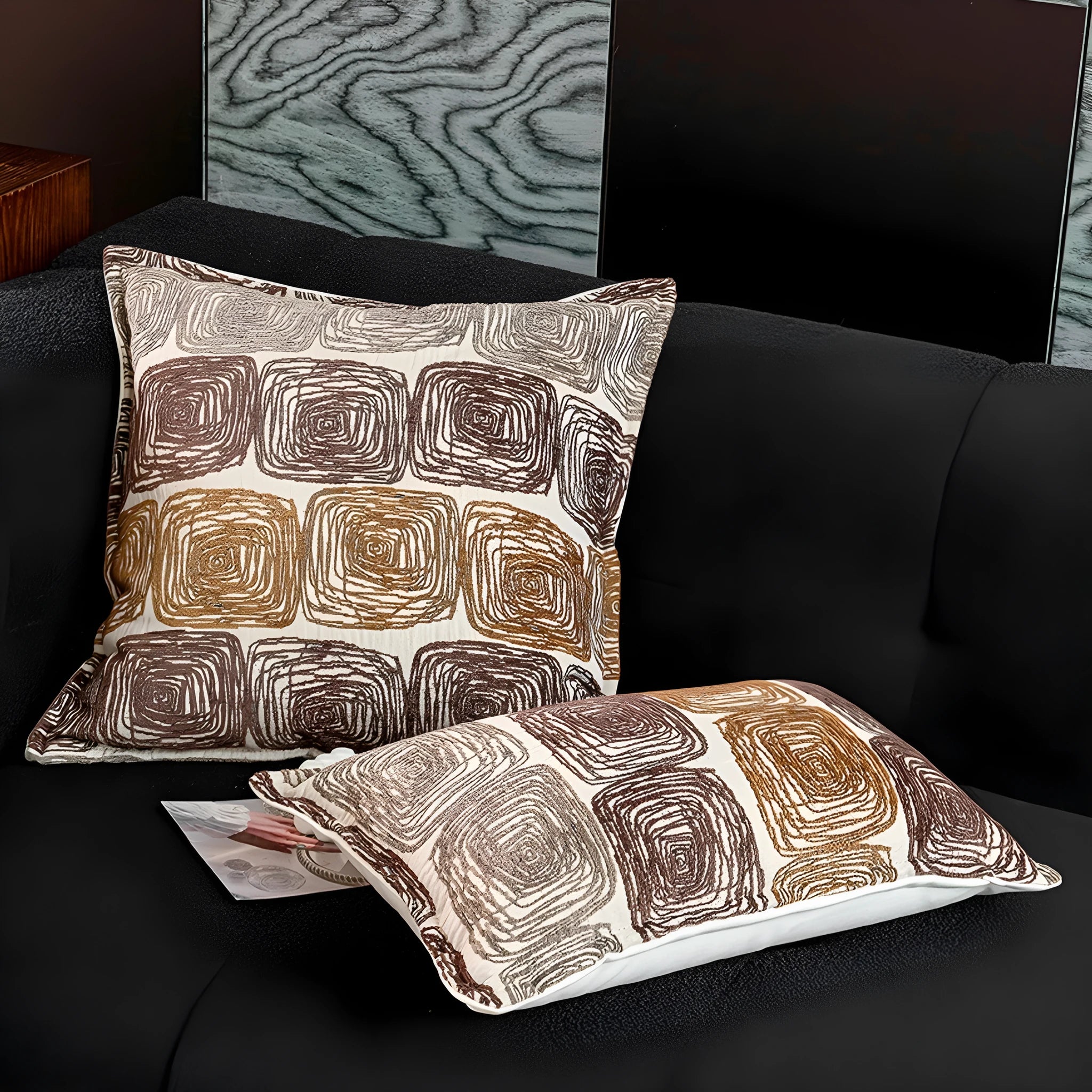 50x50cm square cushion cover with cream and coffee abstract coil pattern