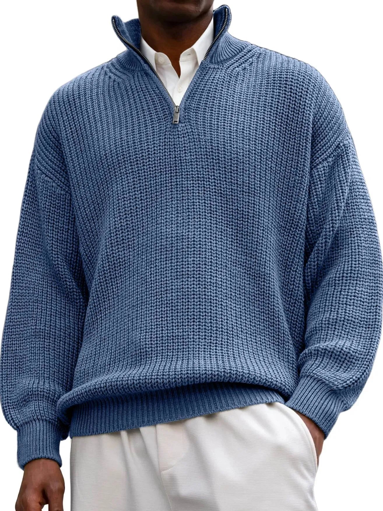Fashion men's casual long sleeve half-zip stand collar polo shirt pullover sweater in black