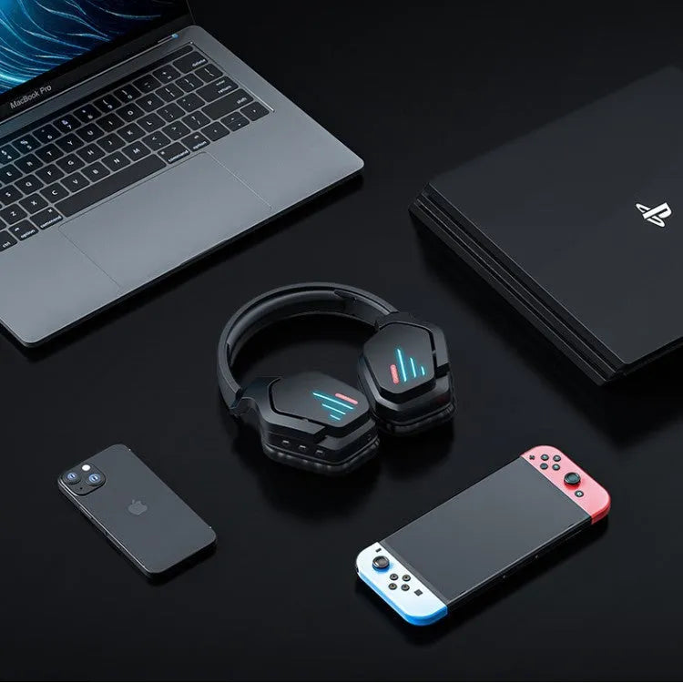 Luminous black wireless gaming headphones with head-mounted design and noise reduction features