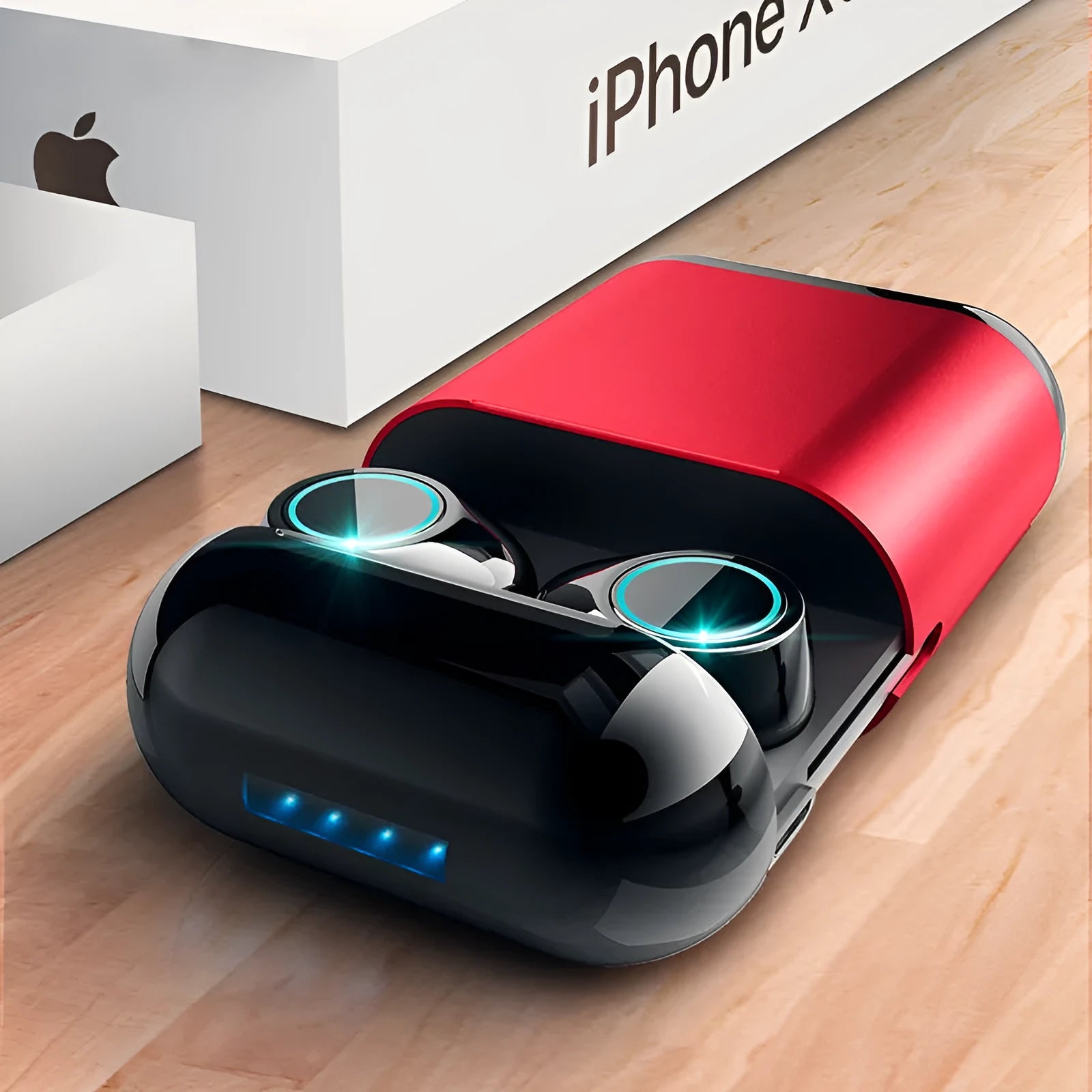 TWS wireless Bluetooth earphones in black gold and light grey colours showing separate left and right earpieces