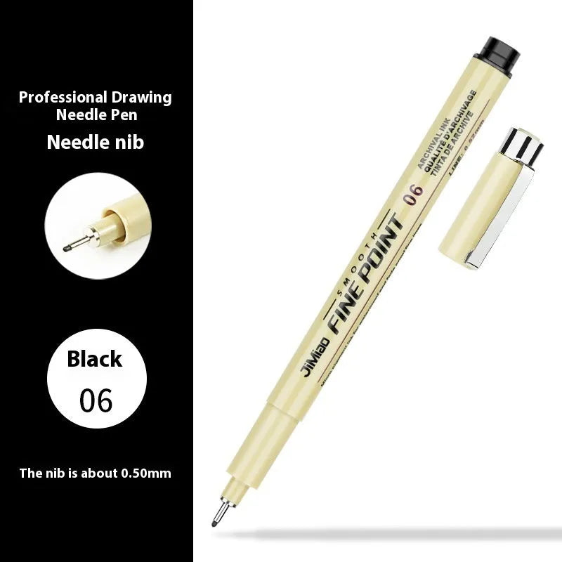 Waterproof black syringe-style drawing pen with a plastic body, shown for scale.