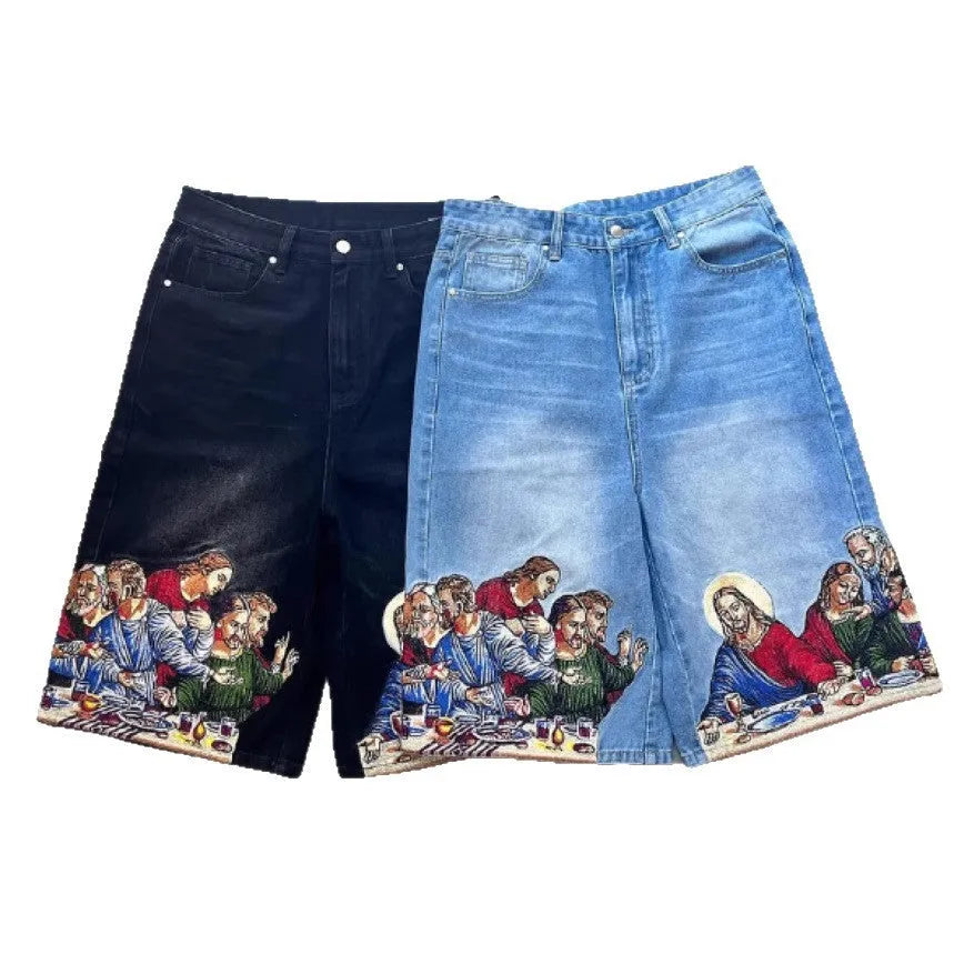 Men's tapered cotton shorts with Jesus print on back pocket in blue or black colours