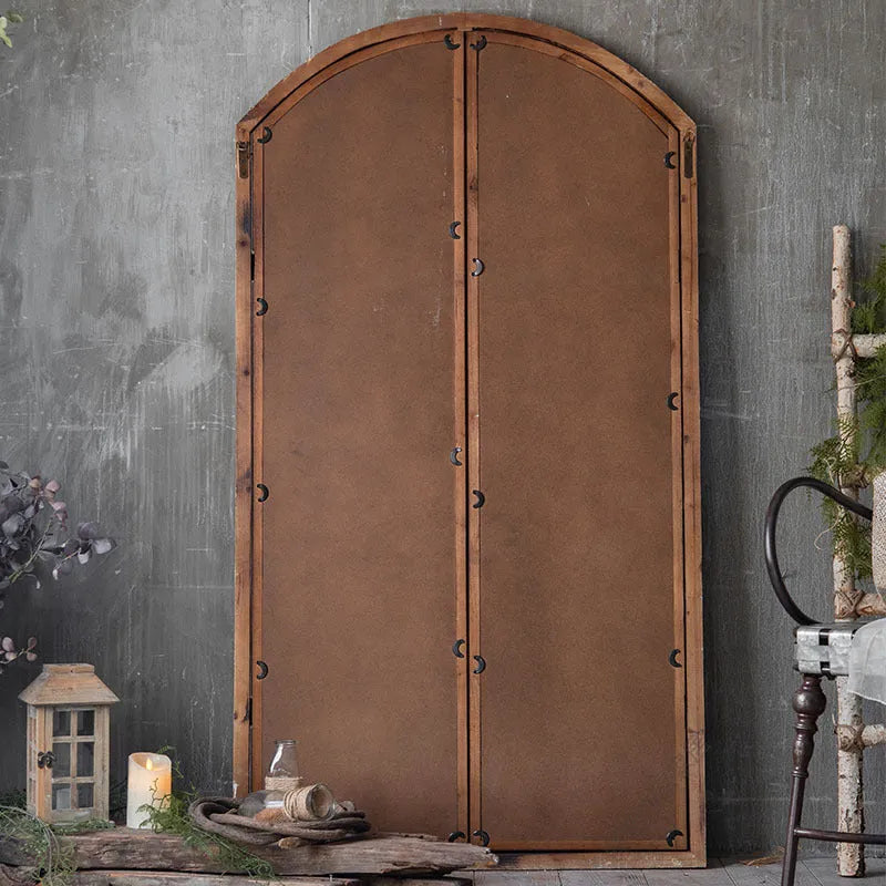Terrace distressed wooden fake window wall mirror with log-coloured frame