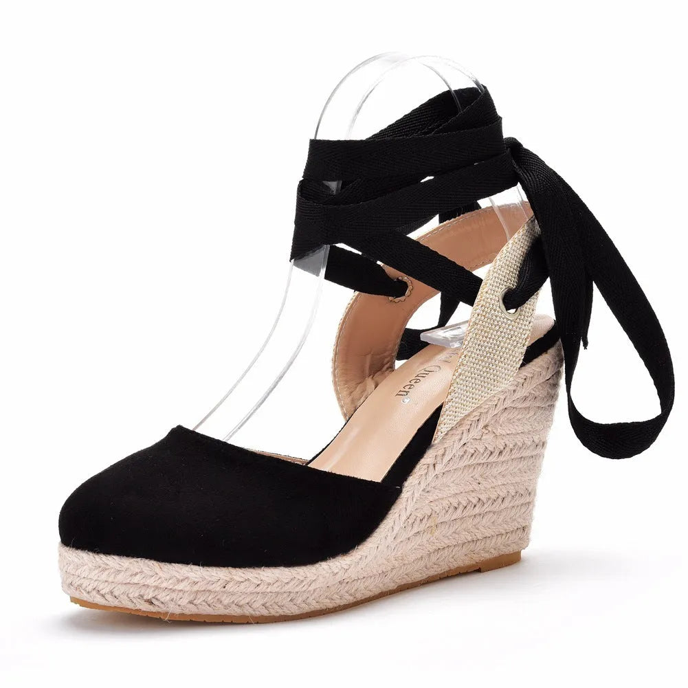 Bohemian style women's wedge platform sandals with adjustable buckle and beaded tassel decoration