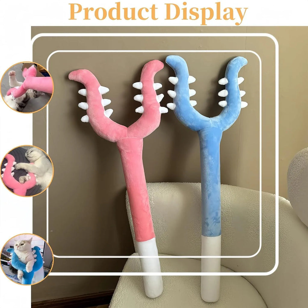 Blue plush cat wand toy with Chikawa cat head on a 70 cm long stick for interactive pet play.