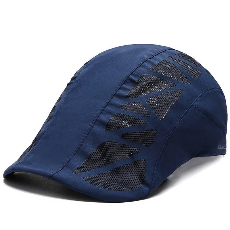 Adjustable mesh beret hat in grey with geometric pattern, curly brim, and dome top for summer sun protection