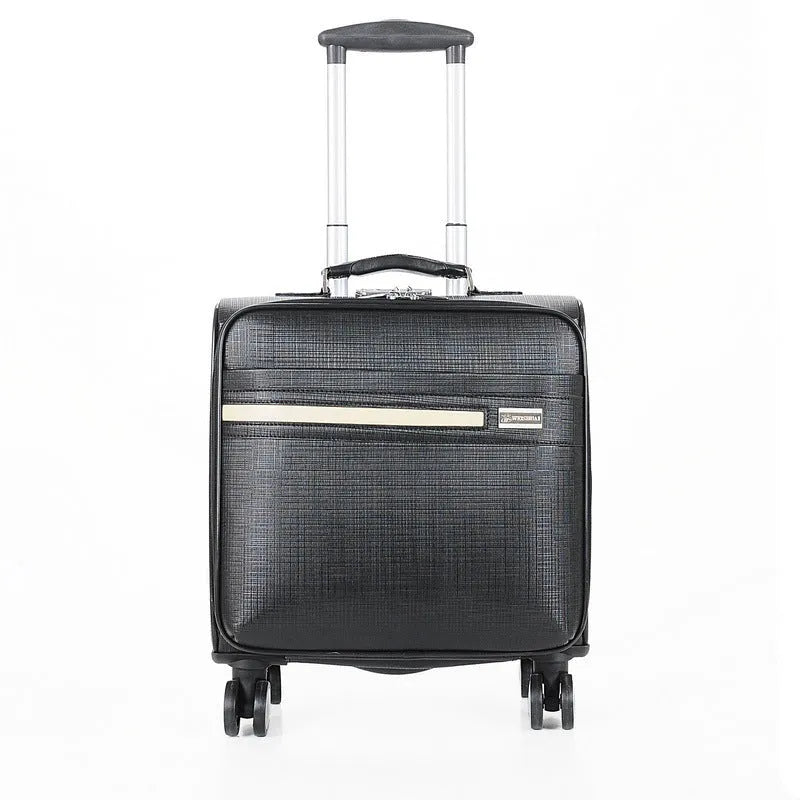 Black PU leather business case with combination lock and airplane wheels showing 18-inch dimensions