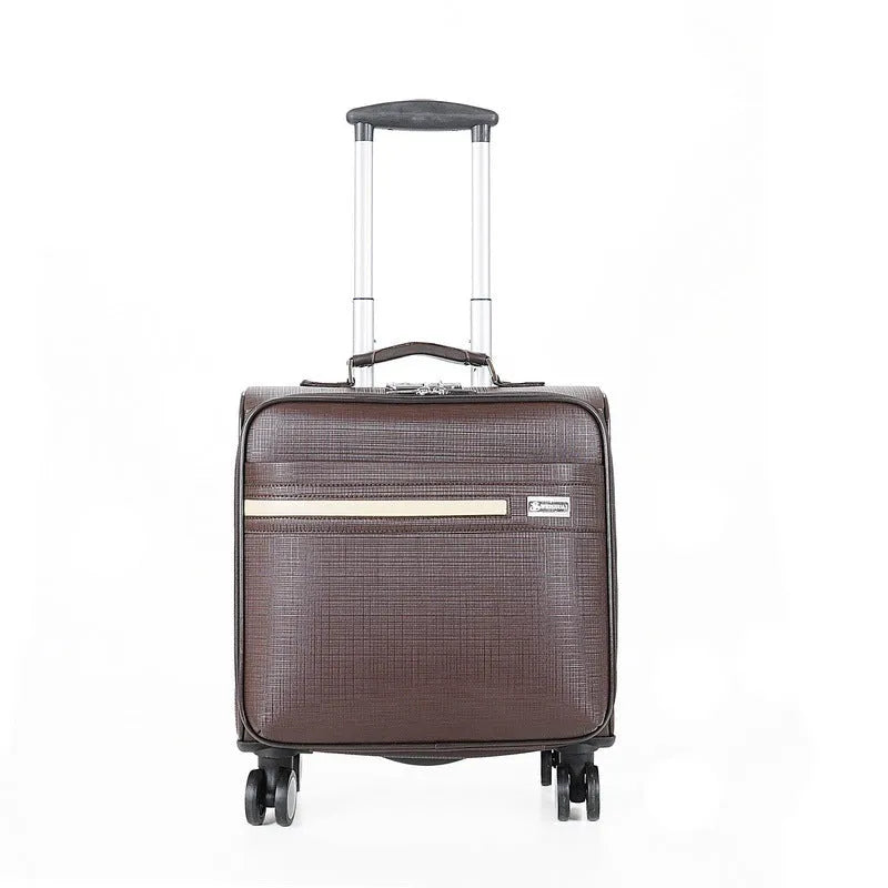 Black PU leather business case with combination lock and airplane wheels showing 18-inch dimensions