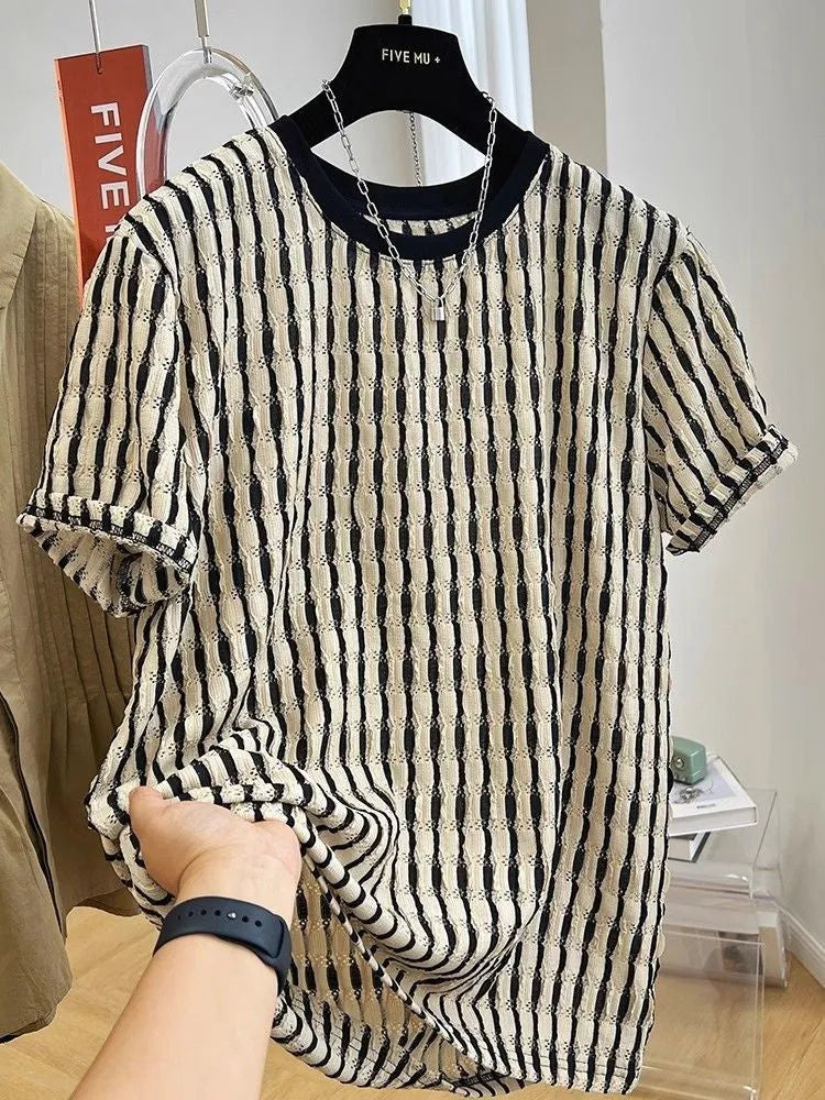 Men's black striped casual shirt with short sleeves and loose fit