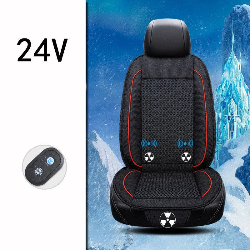 Black minimalist car ventilation seat cushion with power cord on a car seat.