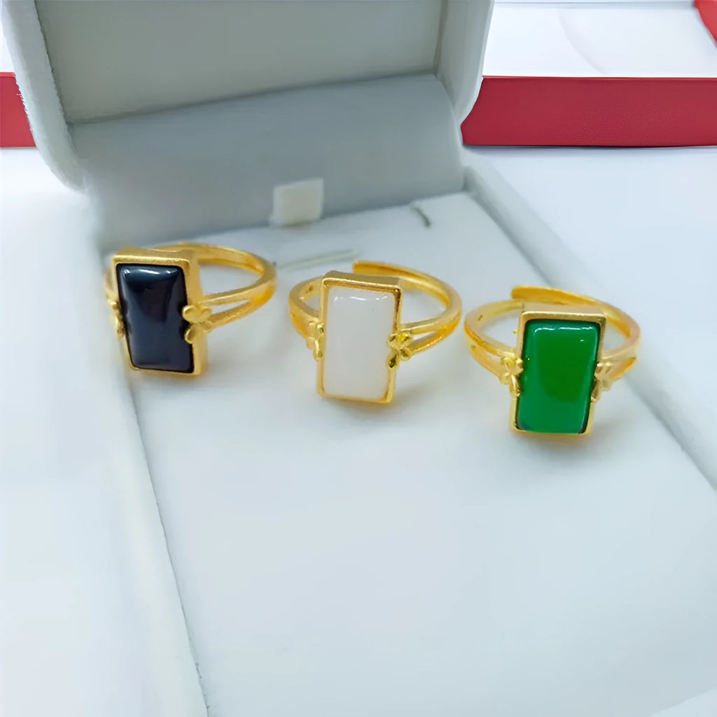 Adjustable brass gold-plated ring with electroplated gemstone inlay in national style design