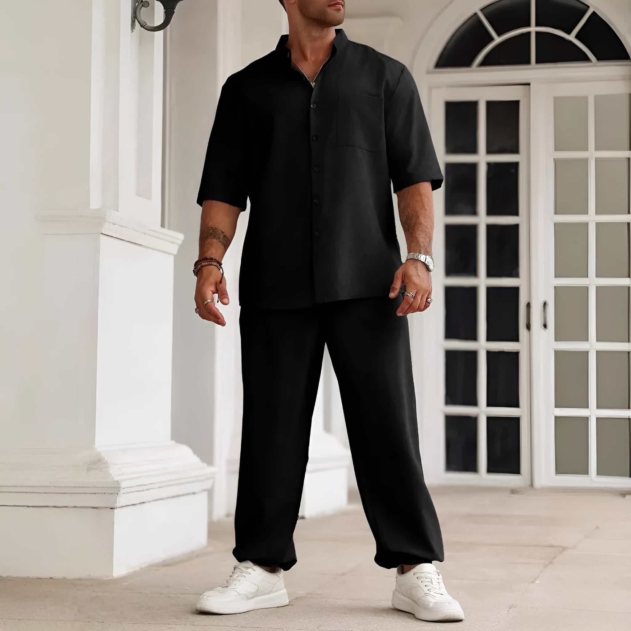 Men's casual cotton linen short-sleeved shirt and trousers set in spring colours