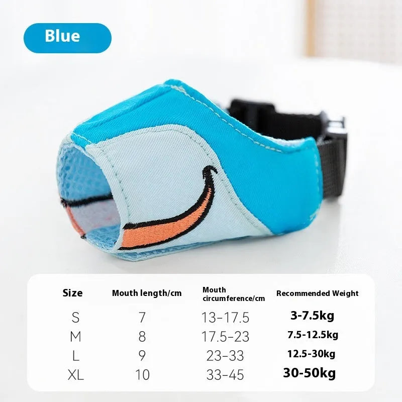 Canvas dog mouth cover muzzle in Ollie Brown Bear colour, shown alongside Bondi Blue Shark option.
