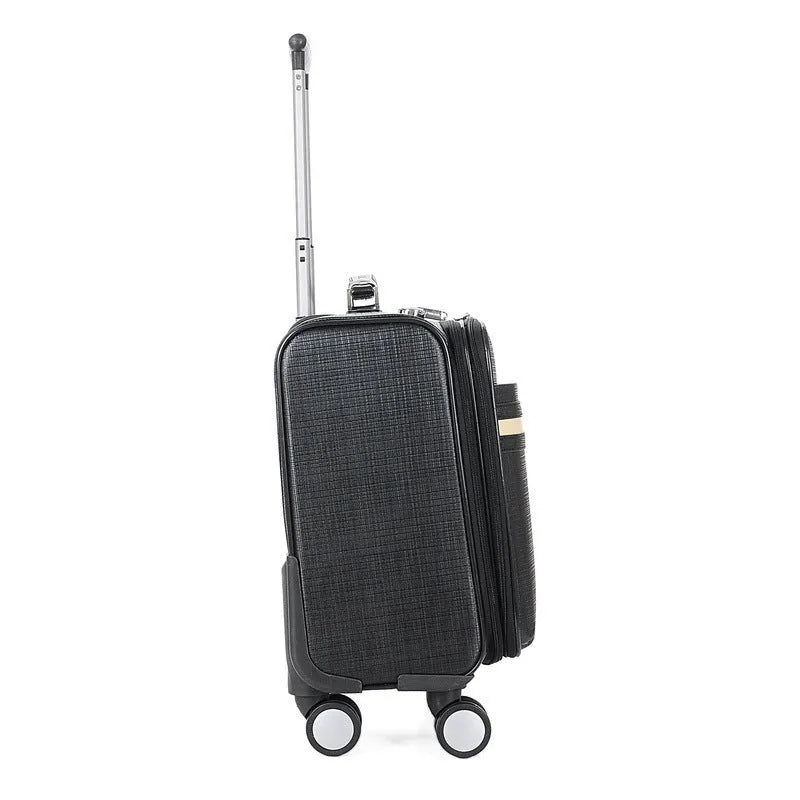 Black PU leather business case with combination lock and airplane wheels showing 18-inch dimensions