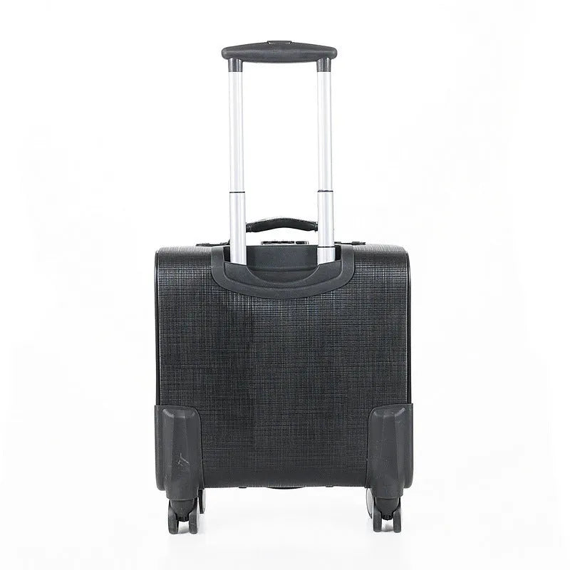 Black PU leather business case with combination lock and airplane wheels showing 18-inch dimensions