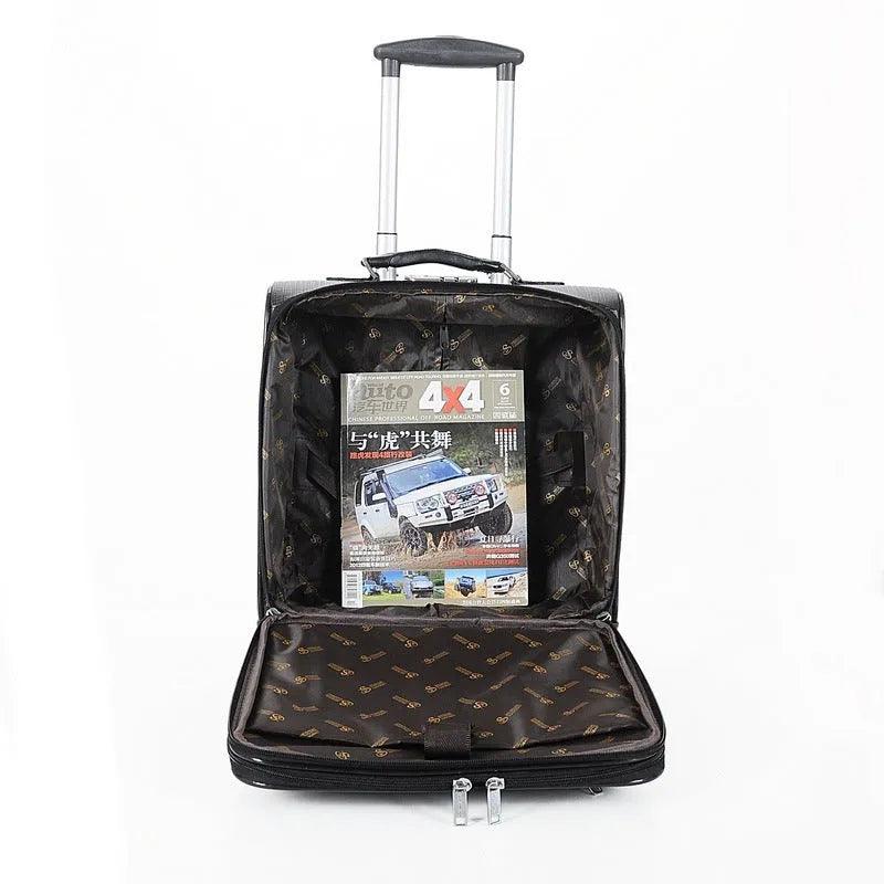 Black PU leather business case with combination lock and airplane wheels showing 18-inch dimensions