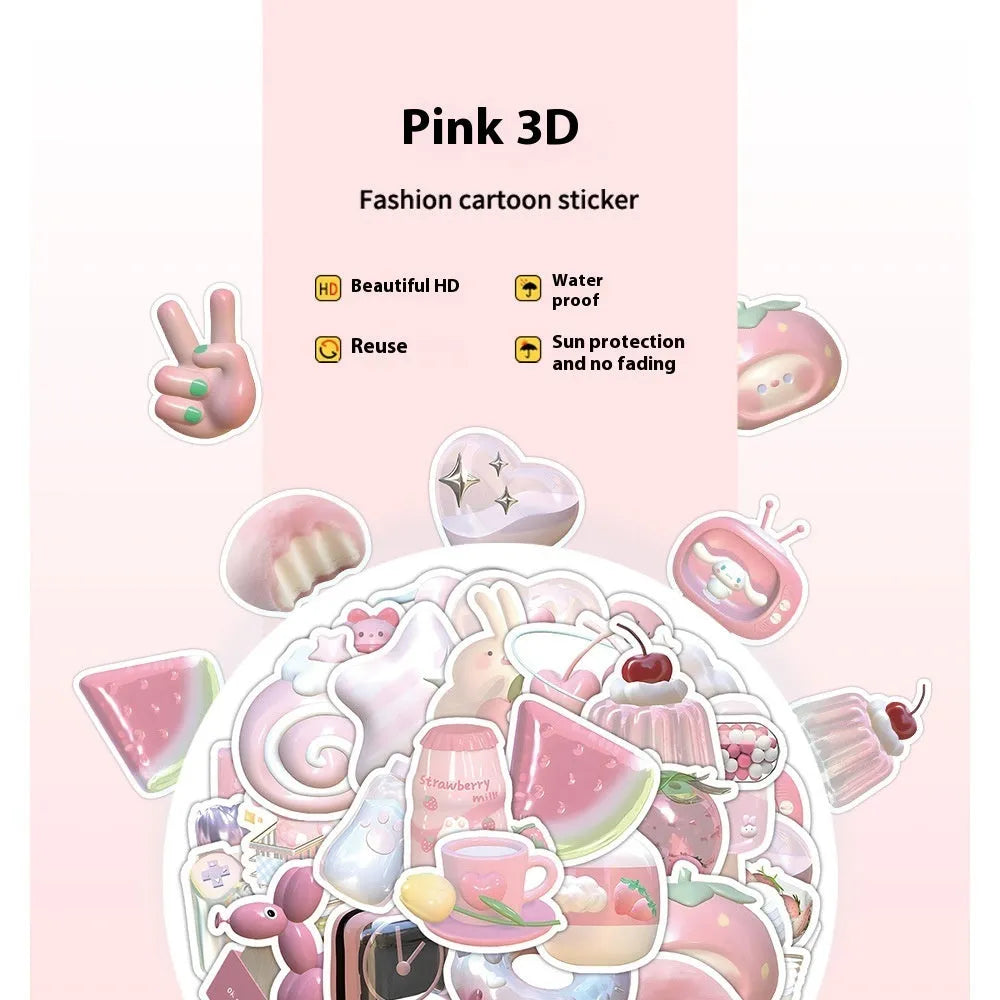 Pink girl heart 3D decorative stickers pack with 63 pieces for crafts and stationery