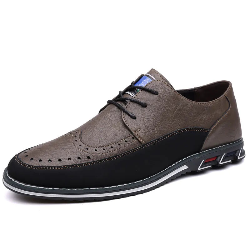 Men's casual leather shoes in khaki with a leather toe cap, fabric upper, and rubber sole.