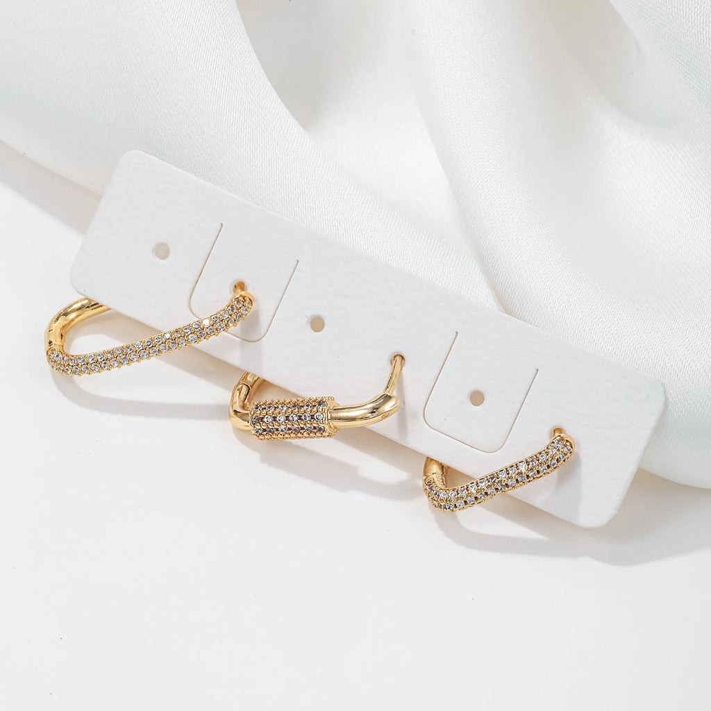 Geometric three-piece earring set with micro-inlaid zircon stones and square ear clips in gold or white k colours