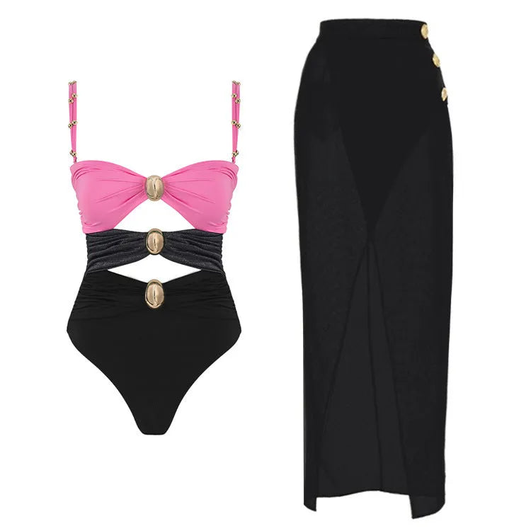 Women's solid colour one-piece swimsuit with gold buttons and matching skirt in black, blue, brown, or pink options