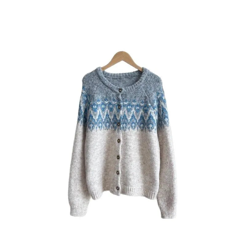 Women's contrast colour jacquard thickened sweater coat loose fit long sleeves