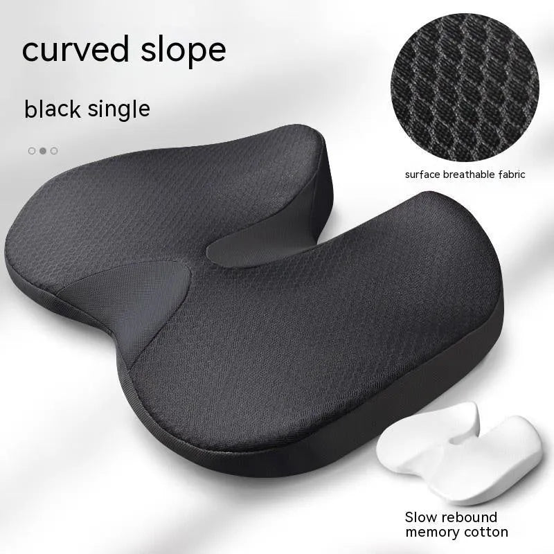 Curved memory foam seat cushion in beige with bevel design for tailbone support