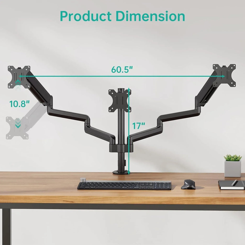 Black aluminium three-arm gas spring computer monitor mounting arm for 13-27 inch screens