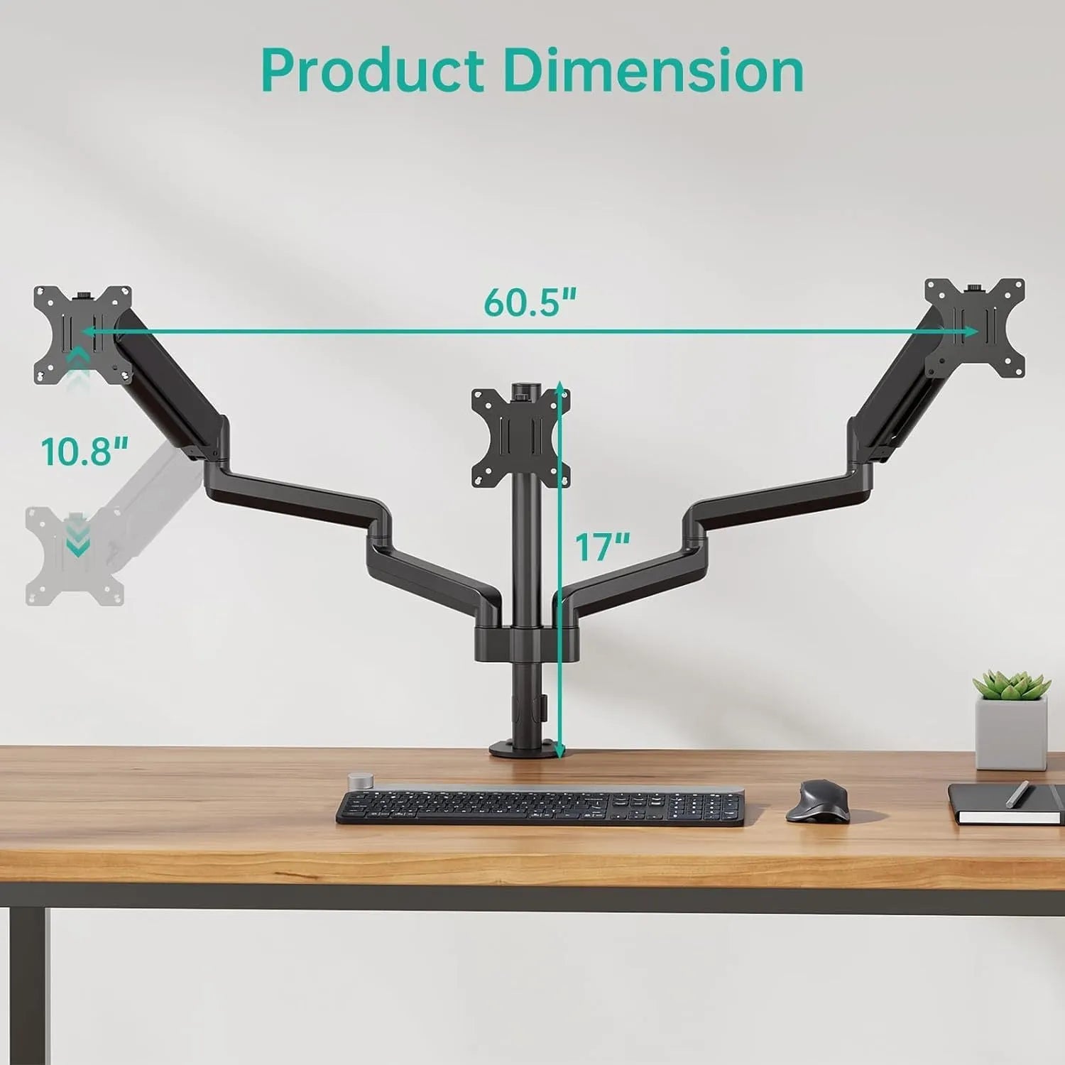 Black aluminium three-arm gas spring computer monitor mounting arm for 13-27 inch screens