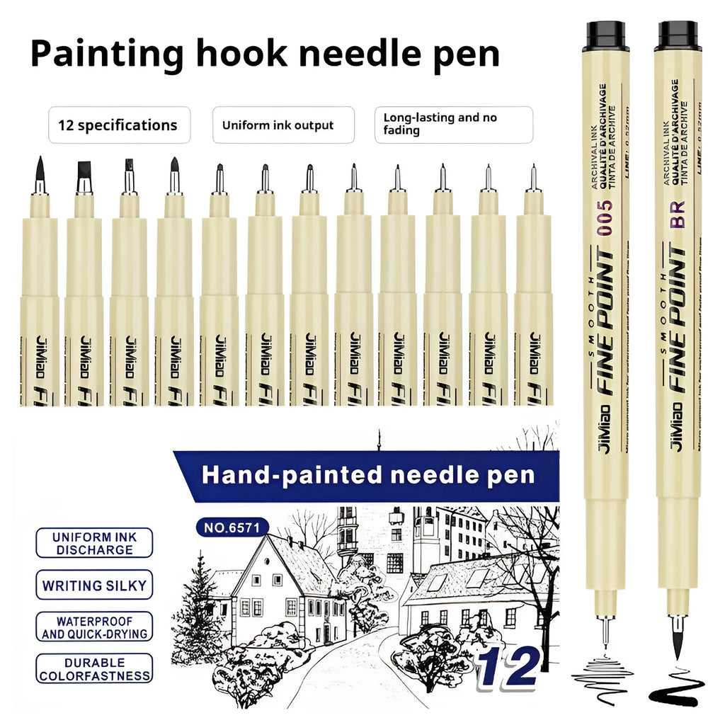 Waterproof black syringe-style drawing pen with a plastic body, shown for scale.