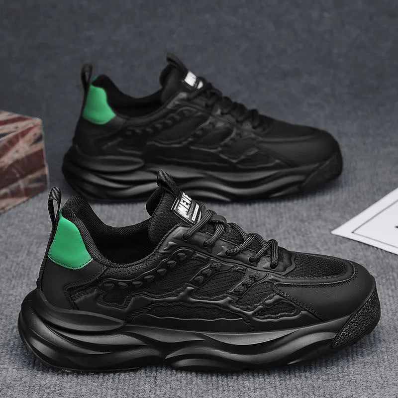 Men's white and black breathable PU mesh casual trainers with round toe.