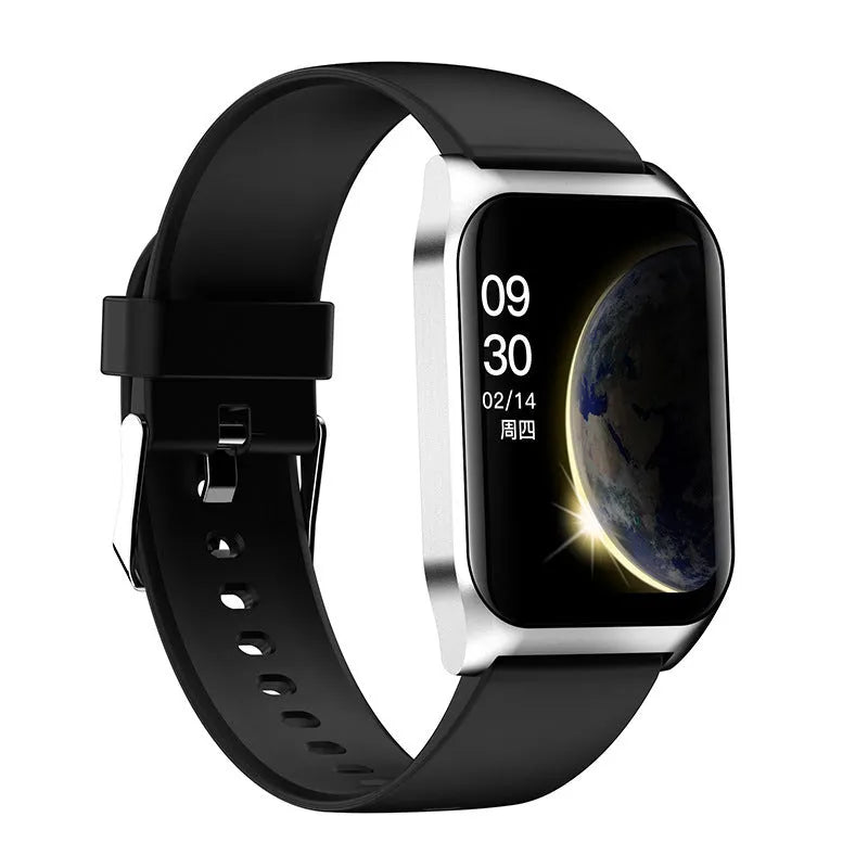Black smart watch with 1.69-inch touchscreen and silicone strap showing call and music interface