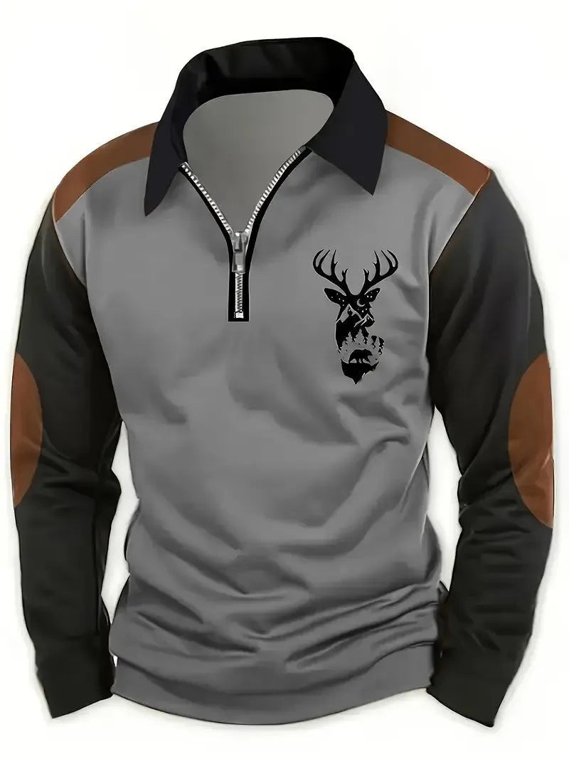 3D printed men's long sleeve polo shirt with colour block splicing and zipper decoration, loose fit, polyester blend, available in multiple colours