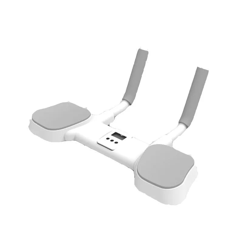 White flat support trainer with alloy aluminium frame on a wooden floor.