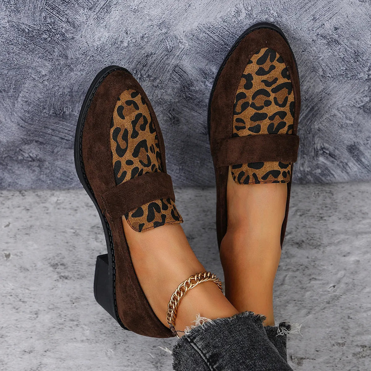 Women's leopard print slip-on pumps with pointed toe and chunky heel in brown, khaki, and pink colours