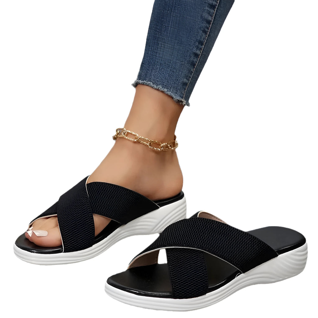 Women's black peep-toe wedge slippers with fish mouth design and thick rubber sole