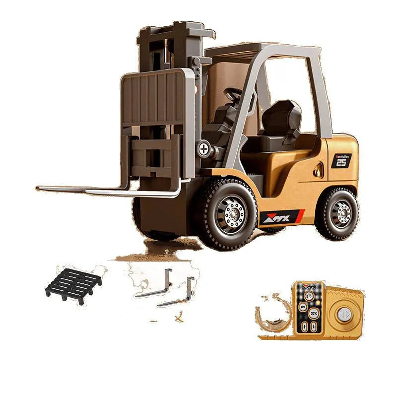 1:64 scale mini alloy forklift remote control toy with remote and accessories on white background
