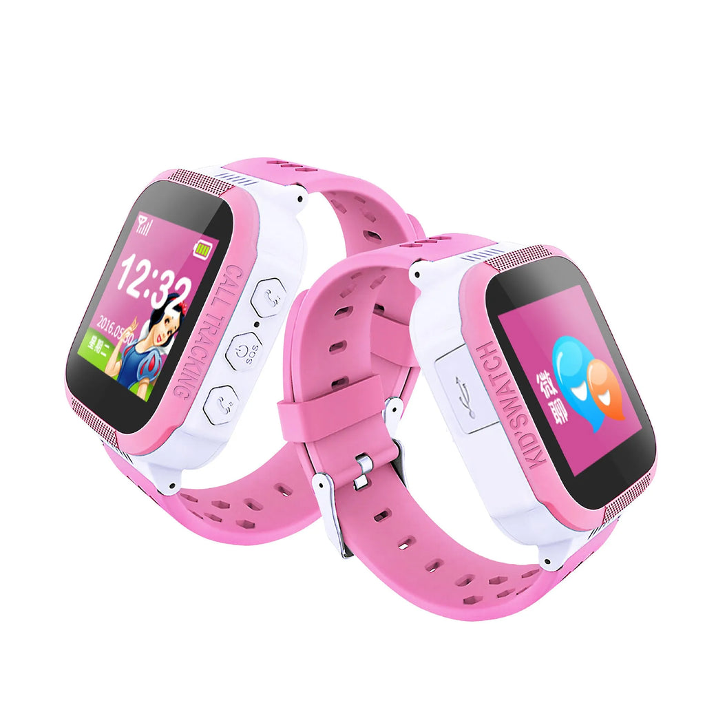Blue children's phone watch with 1.44-inch IPS touchscreen displayed on wrist.