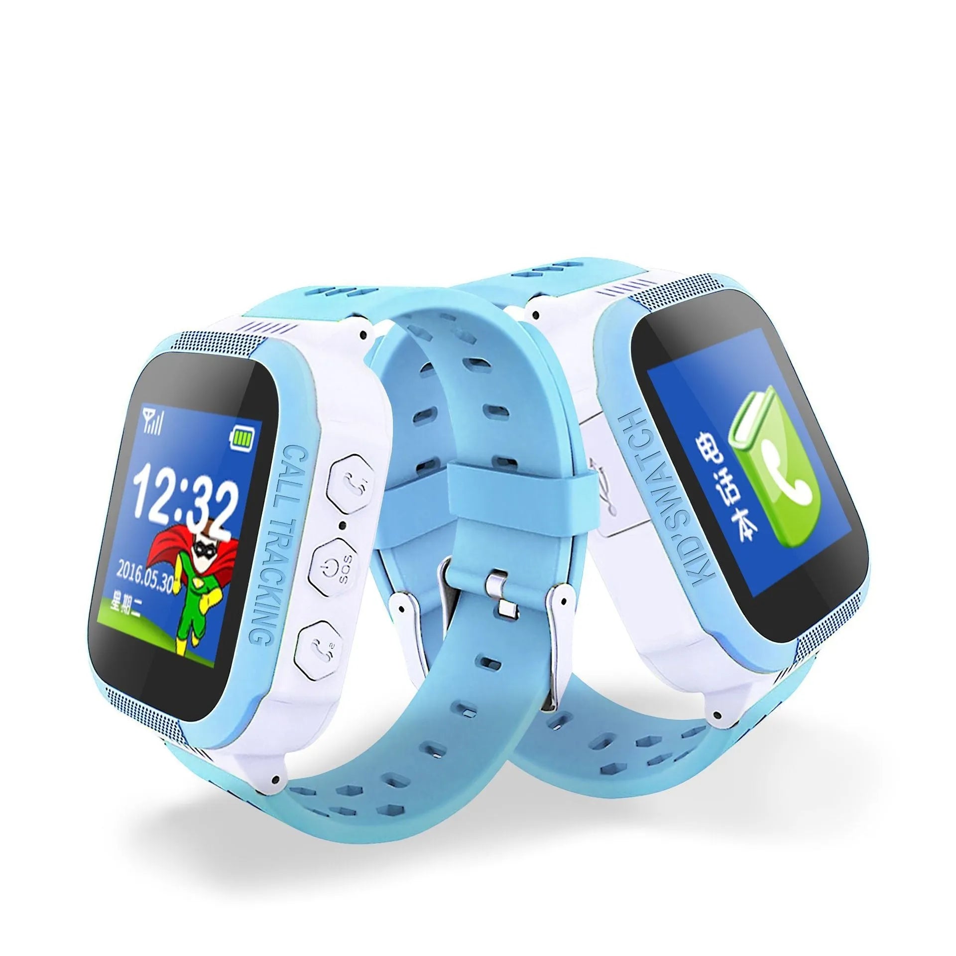 Blue children's phone watch with 1.44-inch IPS touchscreen displayed on wrist.