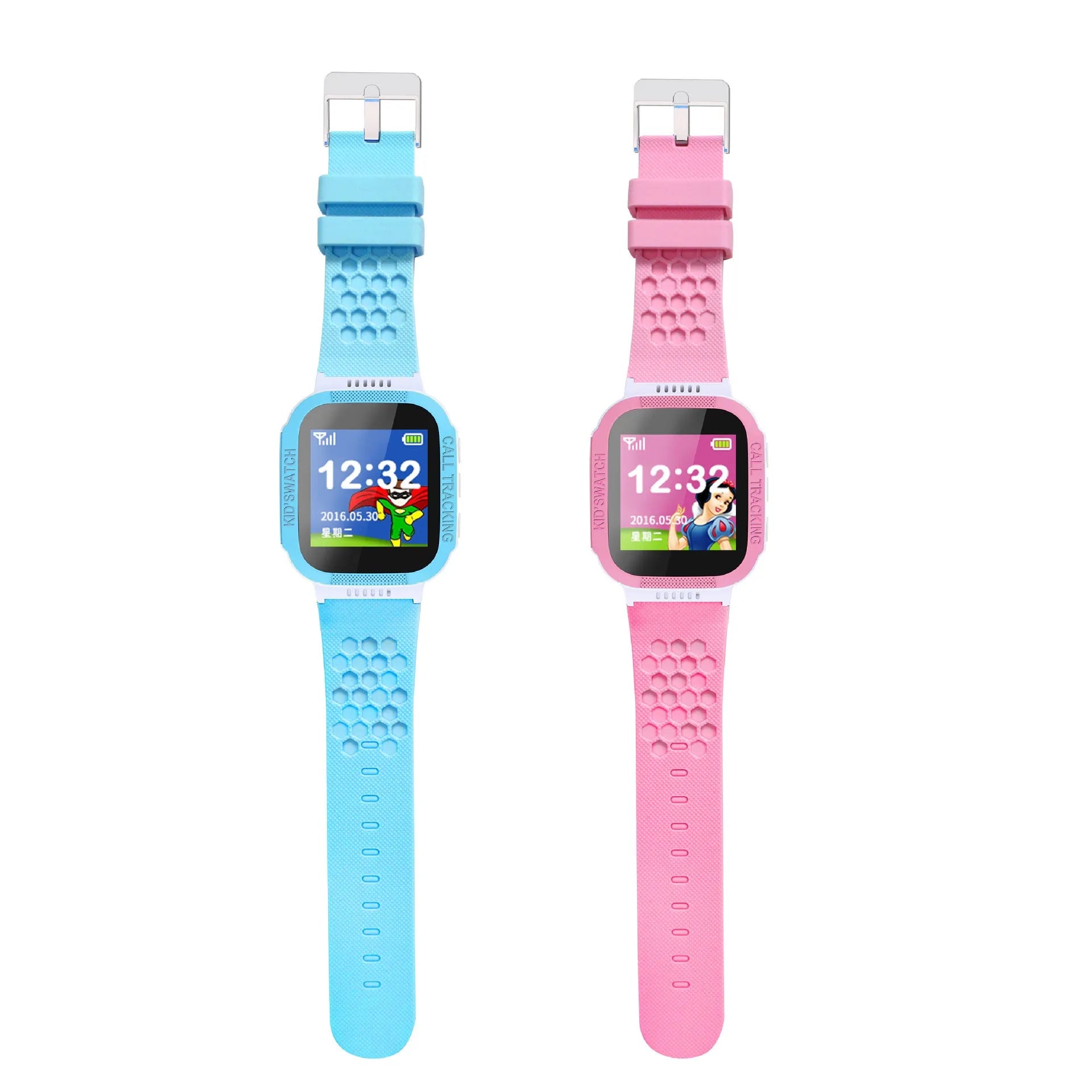 Blue children's phone watch with 1.44-inch IPS touchscreen displayed on wrist.