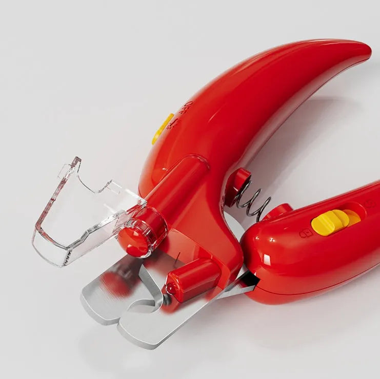New LED blood line pet nail clippers with metal body in green, red, and yellow for cats and dogs