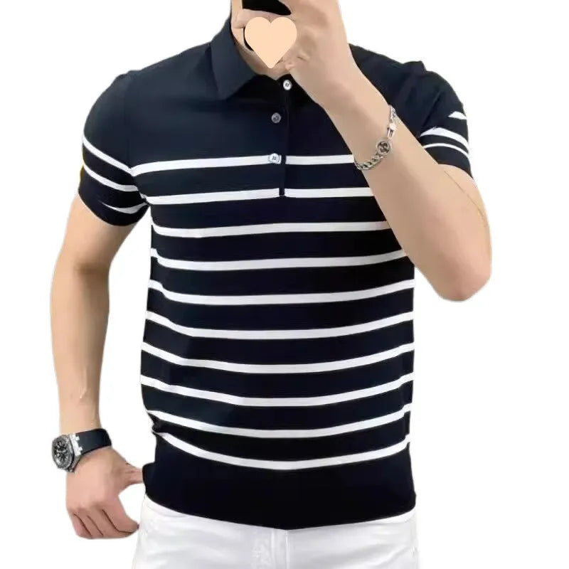 Striped lapel knitted t-shirt pullover in polyester blend available in black and white colours